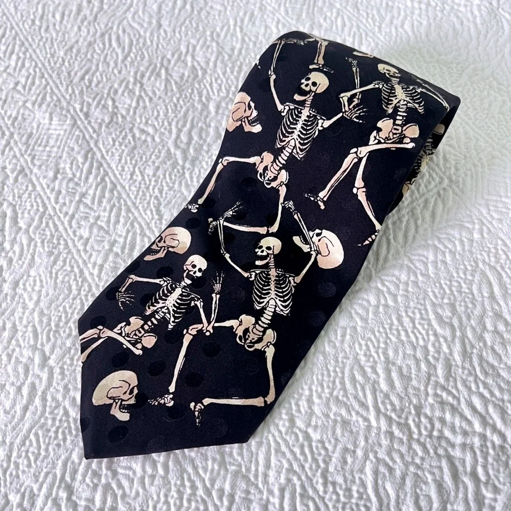 RM Style Skeleton Tie OS Mens Vintage 1995 Silk Dancing Skulls Black Halloween